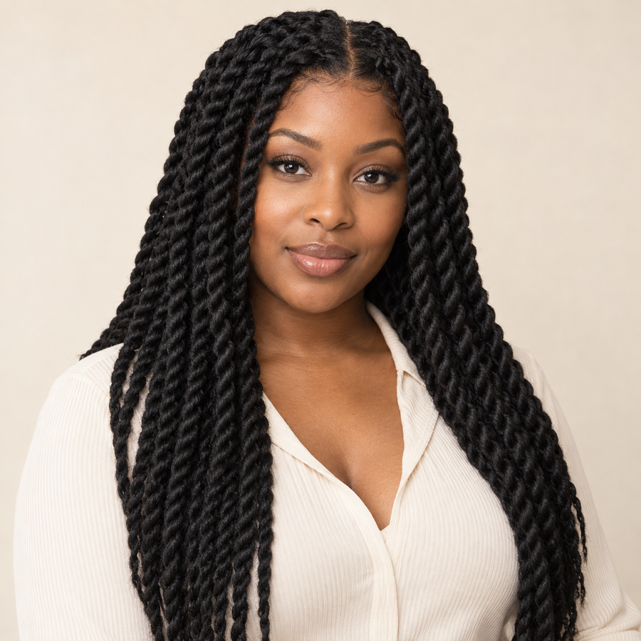 Adult model wearing black two-strand twist lace-front wig, front view; AI-generated visualization.