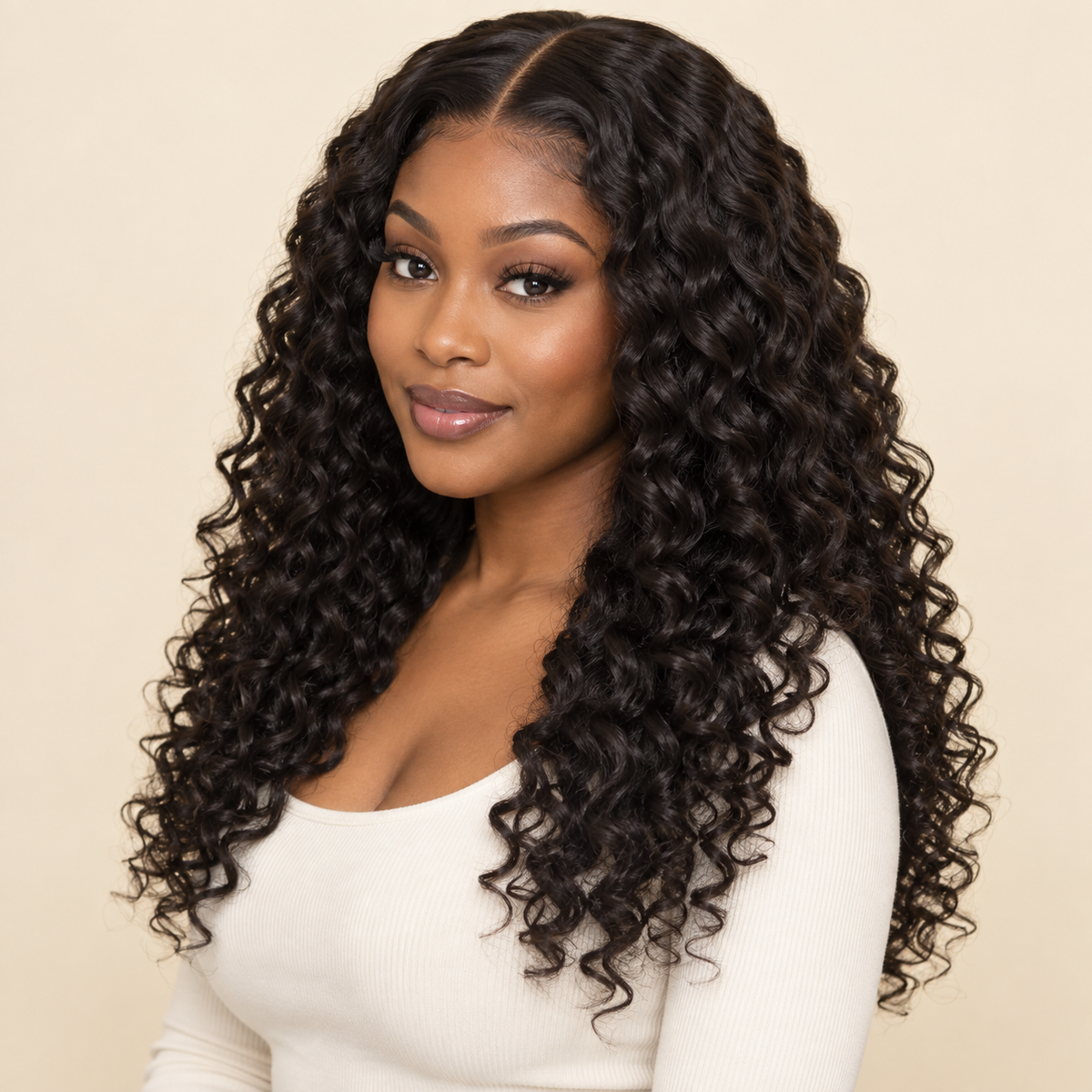 Deep Curly Lace Front Synthetic Wig, black 18 inch, human model three-quarter view, AI-generated visualization