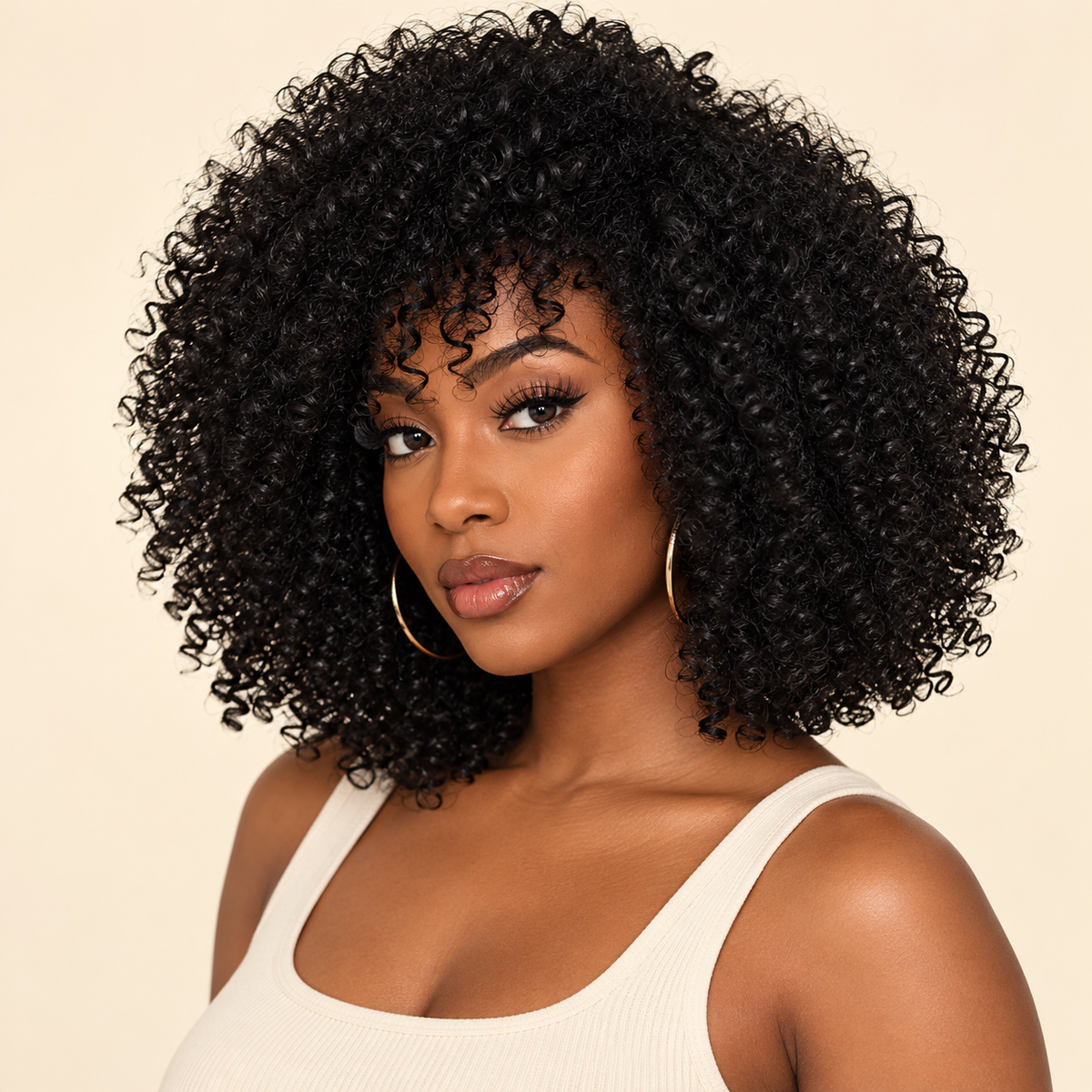 AI-generated visualization of the short natural-black afro-curly synthetic wig with curly bangs, worn by a Black woman in a three-quarter view