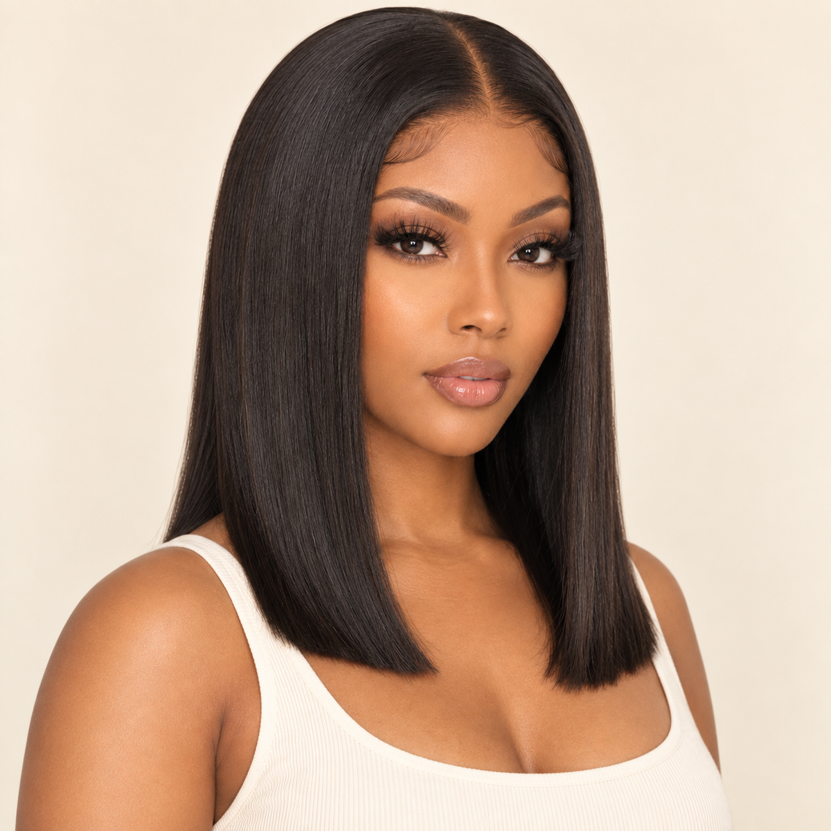 Double Drawn Bone Straight Human Hair Wig – 16-inch natural black – human model three-quarter view – AI-generated visualization