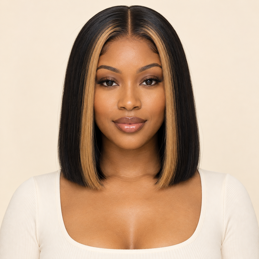 Short Straight Bob Human Hair Wig – Blonde Highlights front view – AI-generated visualization