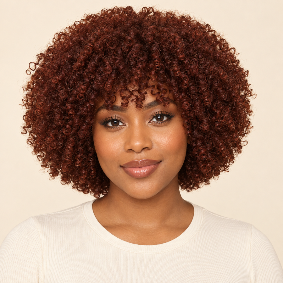 Short Kinky Curly Afro Synthetic Wig – Reddish Brown front view – AI-generated visualization