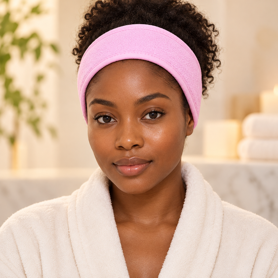 Soft Spa Headband for Makeup and Skincare, pink headband worn by a Black woman, front view, AI-generated visualization