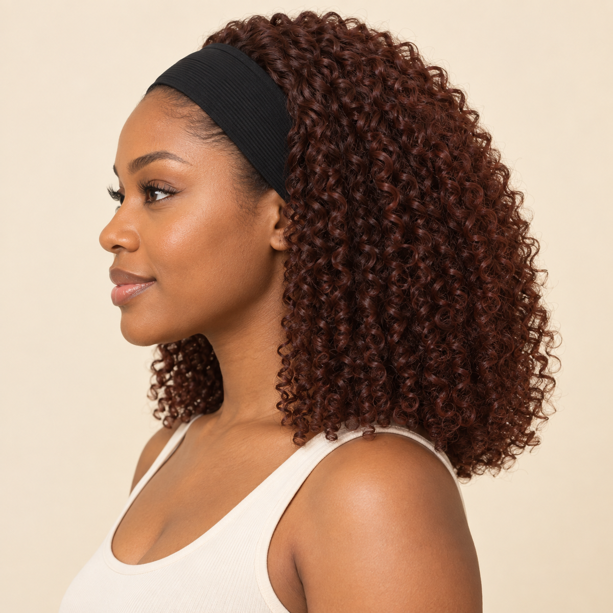 Jerry curly human-hair headband wig, 12-inch side view, AI-generated visualization
