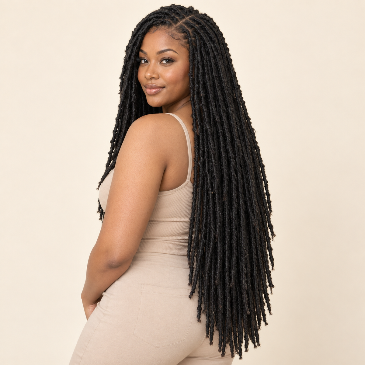 Distressed Nu Faux Locs Crochet Hair – 1B 36-inch human model – AI-generated visualization