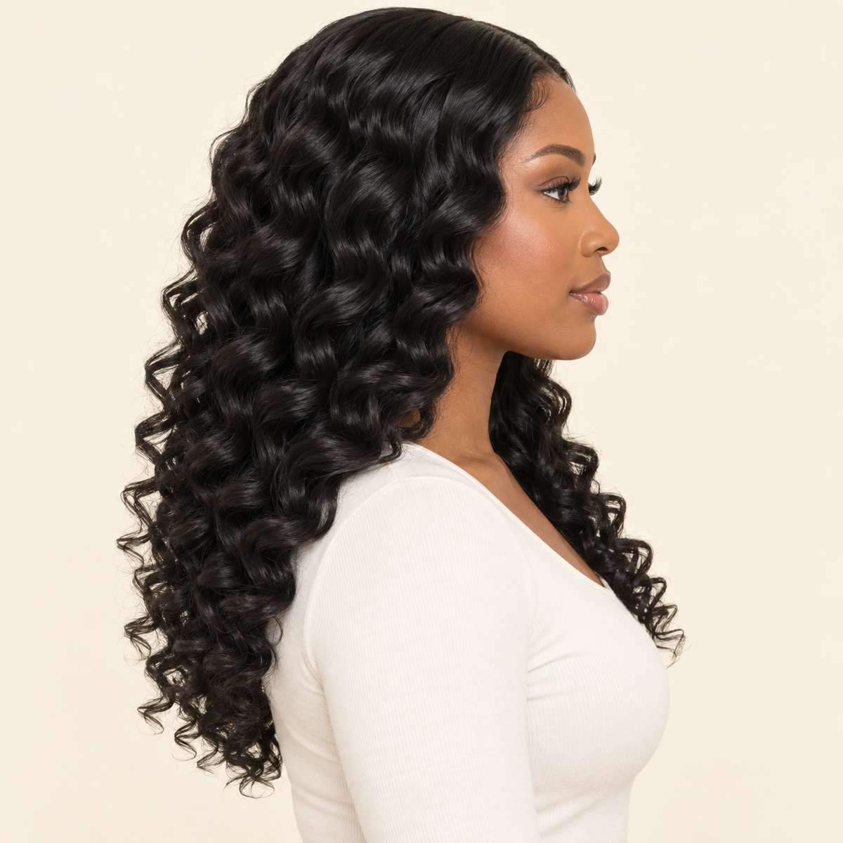 Deep Curly Lace Front Synthetic Wig, black 18 inch, human model side view, AI-generated visualization