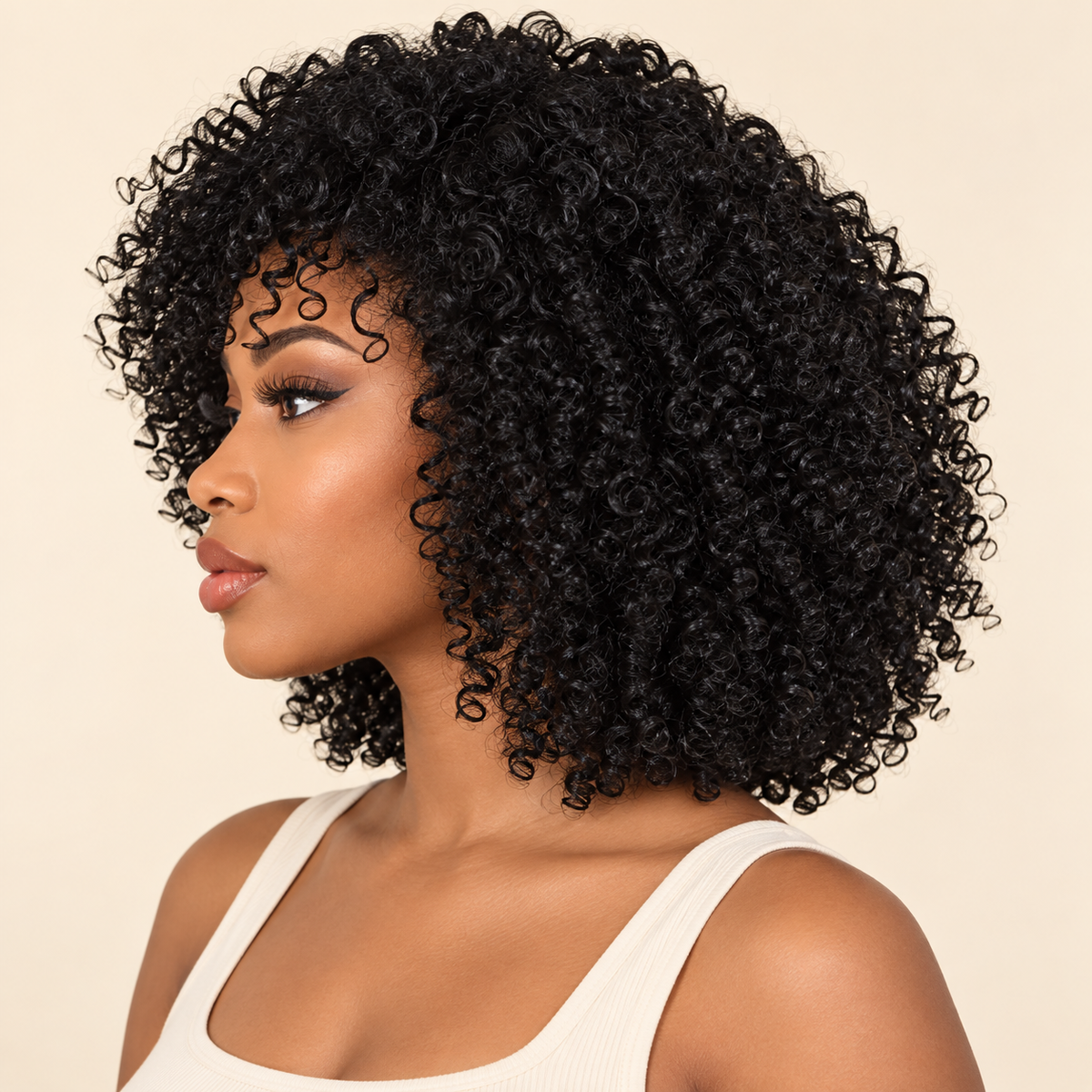 AI-generated visualization of the short natural-black afro-curly synthetic wig, side view on a Black woman