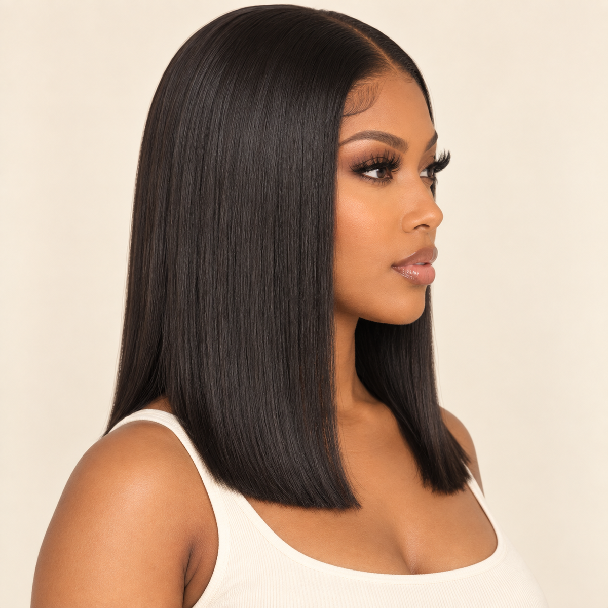Double Drawn Bone Straight Human Hair Wig – 16-inch natural black – human model side view – AI-generated visualization
