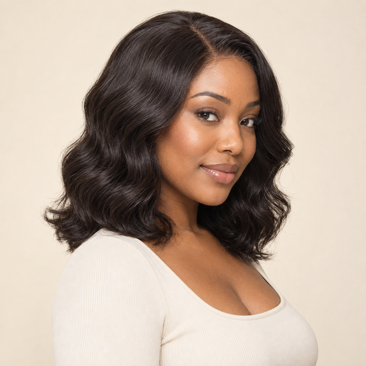 Body Wave lace-closure human-hair wig, natural color, 12 inch, model three-quarter view, AI-generated visualization.