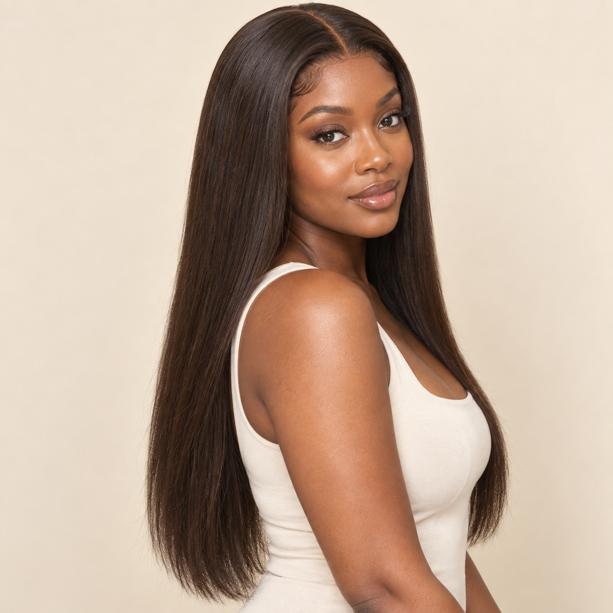 Chocolate Brown Straight 13x4 Lace Front Human Hair Wig, 18 inch, three-quarter view, AI-generated visualization