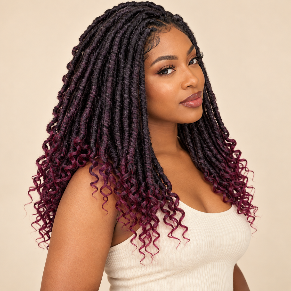 Goddess faux loc crochet extensions, 1B BUG 20 inch, installed three-quarter view