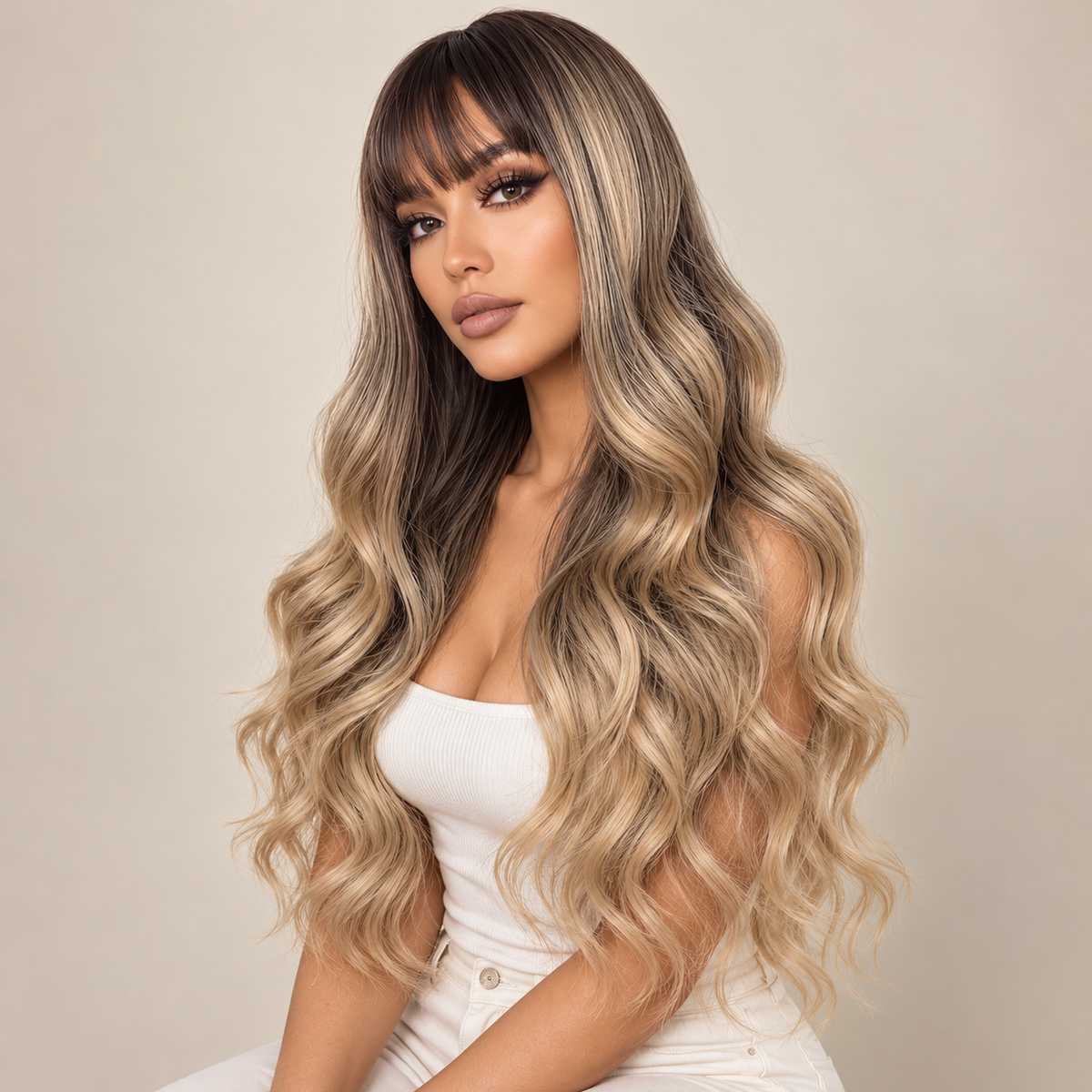 Long Wavy Synthetic Wig with Bangs, Style A taupe and beige-blonde ombre, three-quarter view, AI-generated visualization.