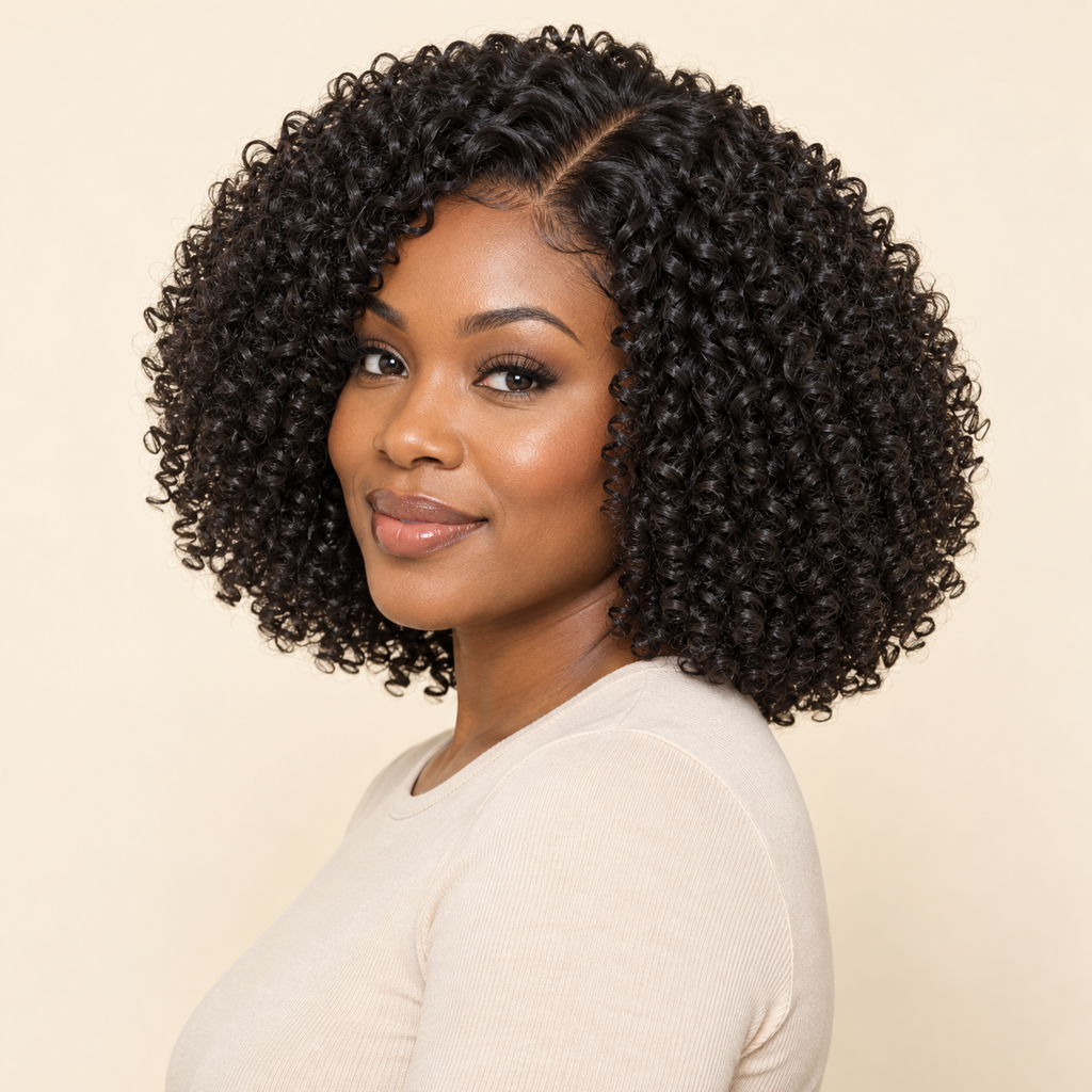 African Small Rolls wig, Black, 10 inch, model three-quarter view, AI-generated visualization