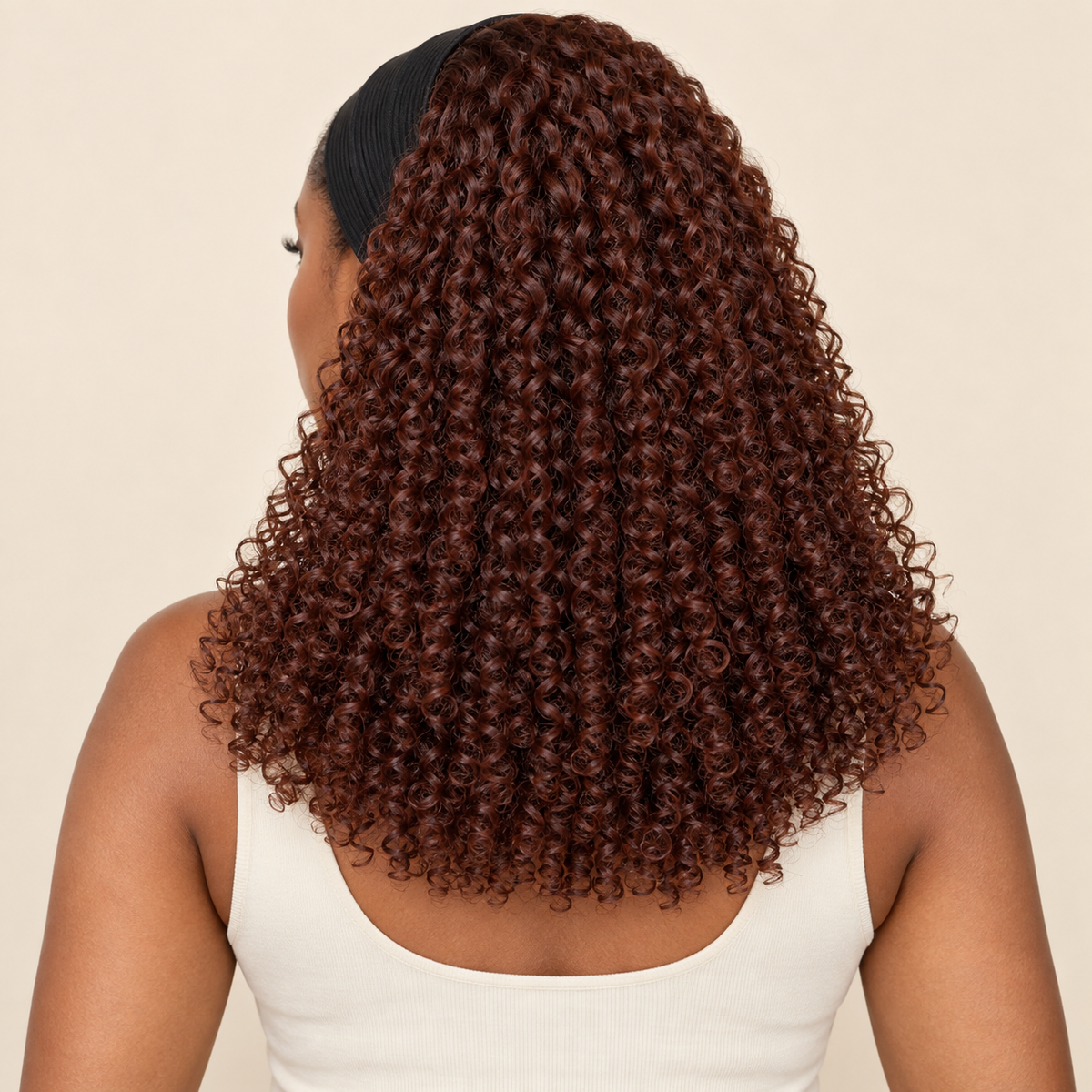 Jerry curly human-hair headband wig, 14-inch back view, AI-generated visualization