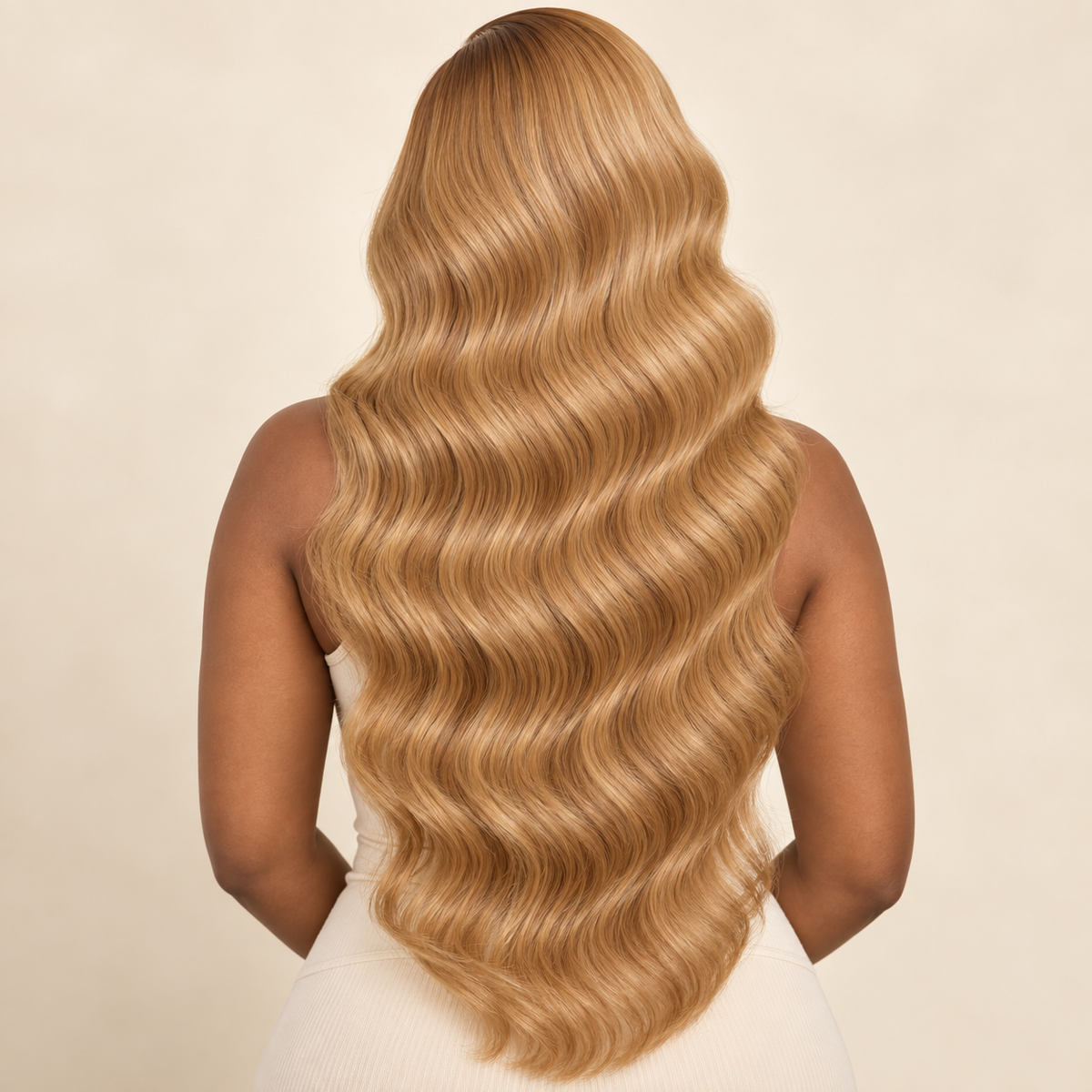 Honey Blonde #27 body wave human-hair lace-front wig, back view, AI-generated visualization