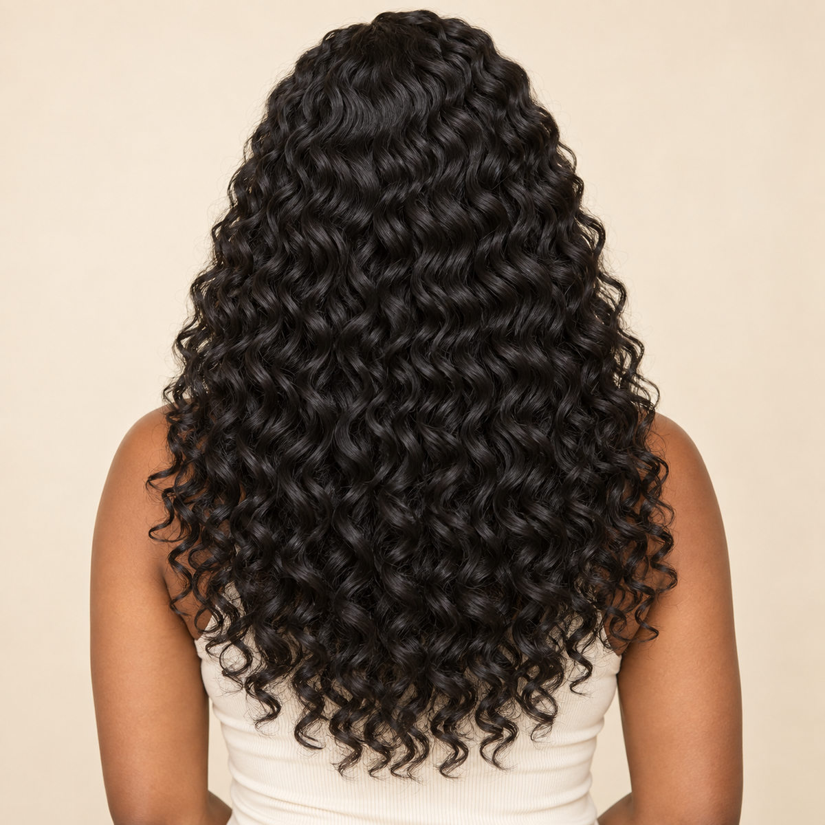Deep Curly Lace Front Synthetic Wig, black 18 inch, human model back view, AI-generated visualization
