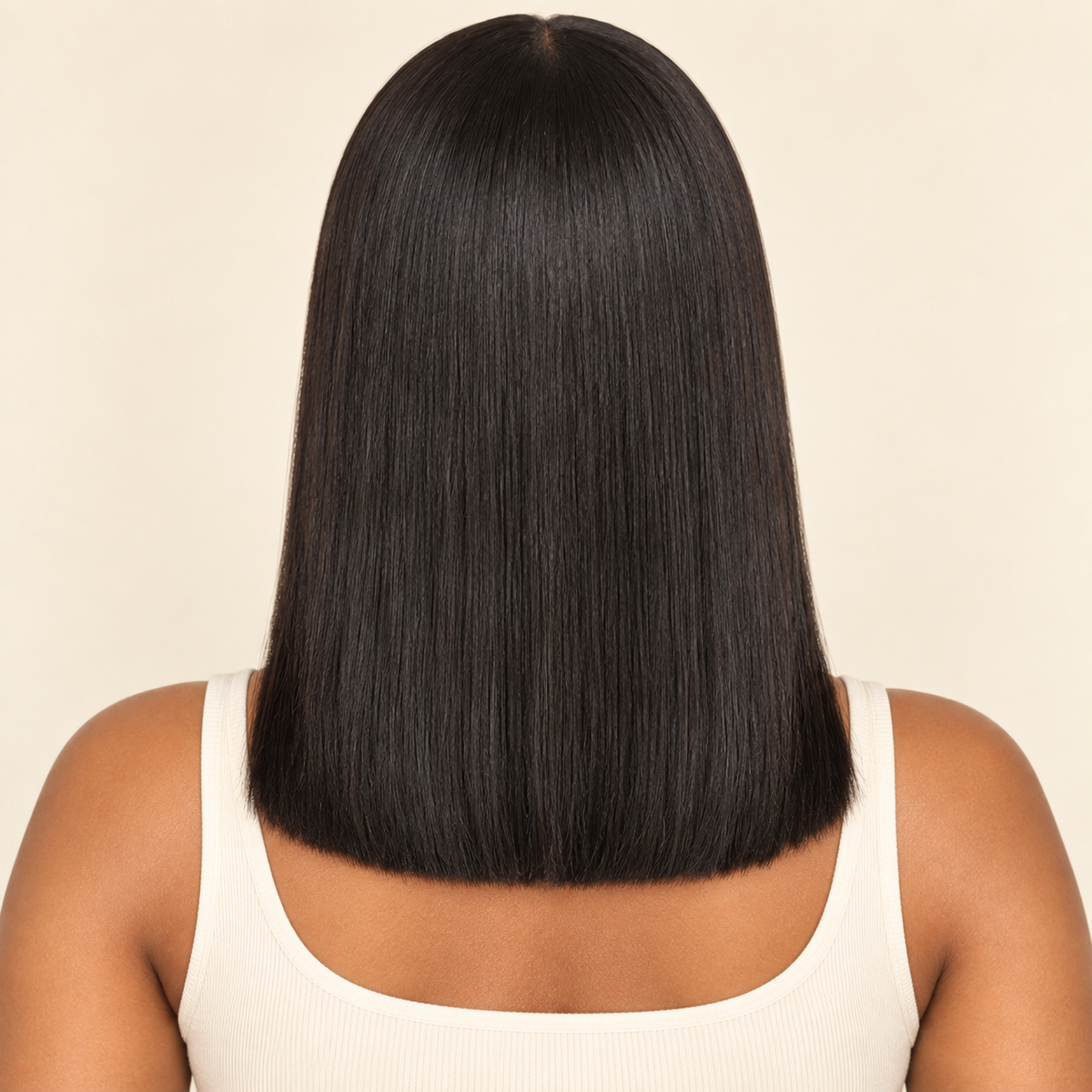 Double Drawn Bone Straight Human Hair Wig – 16-inch natural black – human model back view – AI-generated visualization