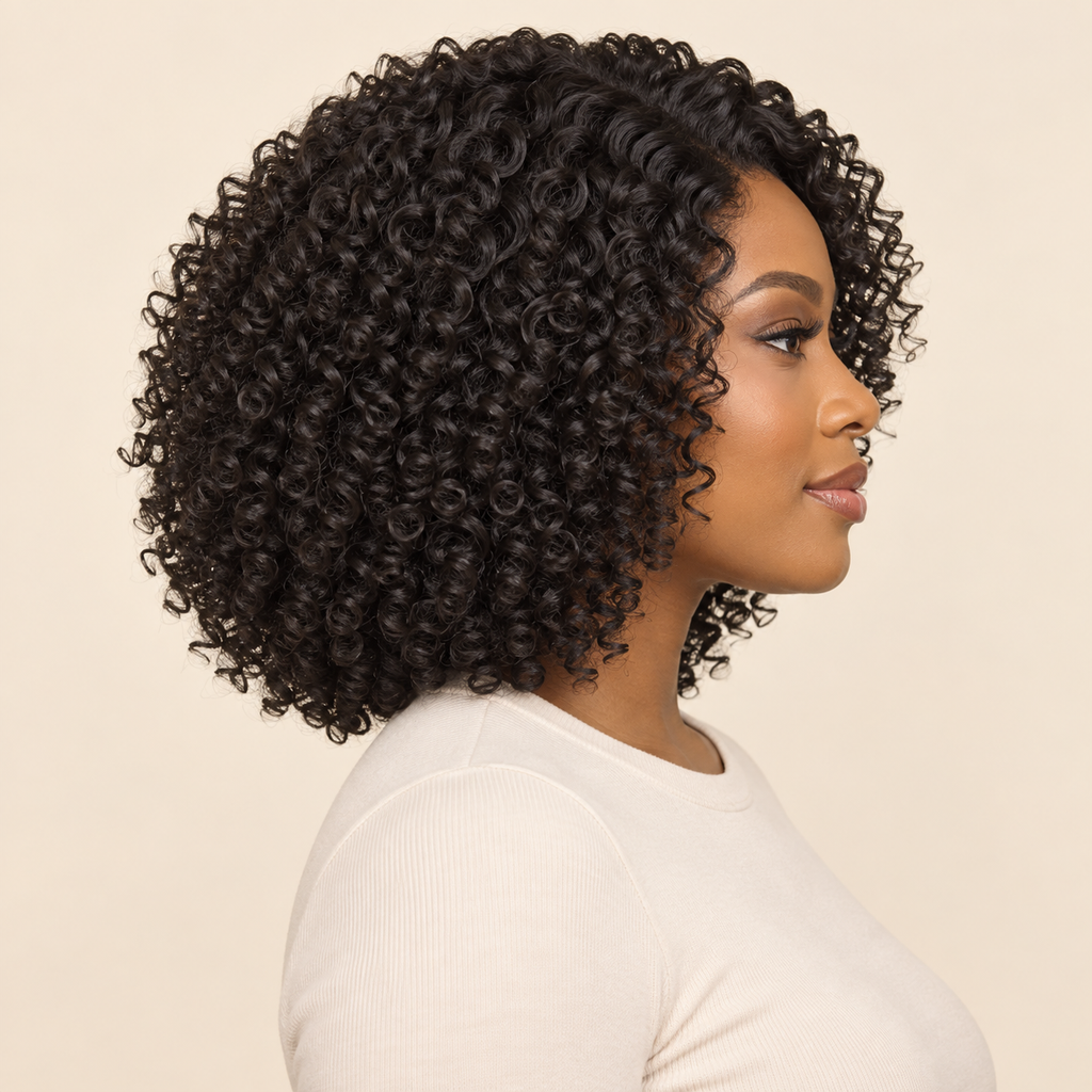 African Small Rolls wig, Black, 10 inch, model side view, AI-generated visualization
