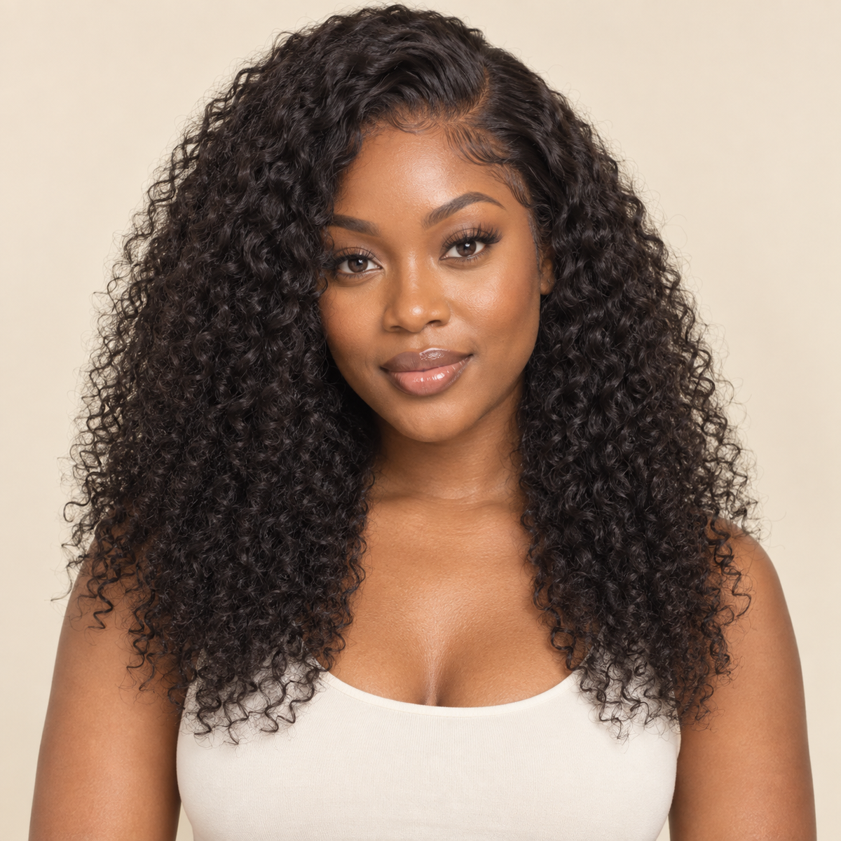 Natural-black jerry curly human-hair lace-front wig, 16-inch view, AI-generated visualization