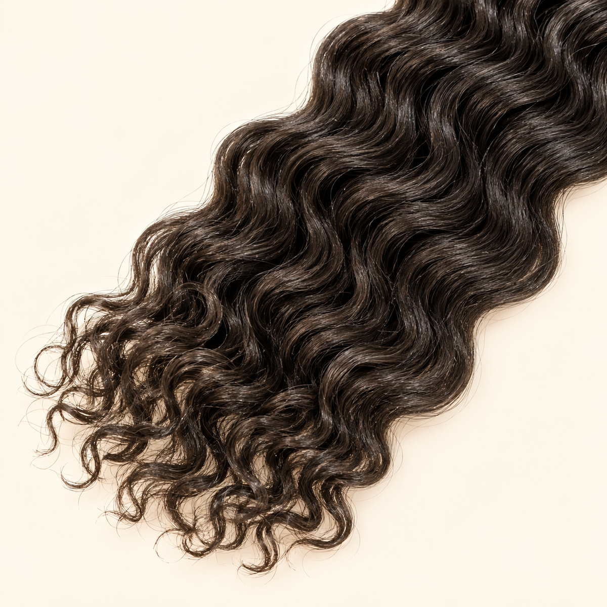 Ocean Wave Crochet Hair 24-inch synthetic extension in shade 1B natural black, curled ends detail, AI-generated visualization