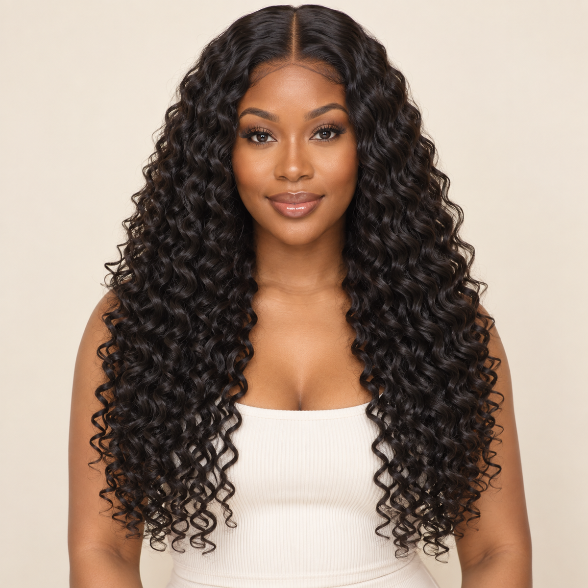 Deep Curly Lace Front Synthetic Wig, black 20 inch length view, AI-generated visualization