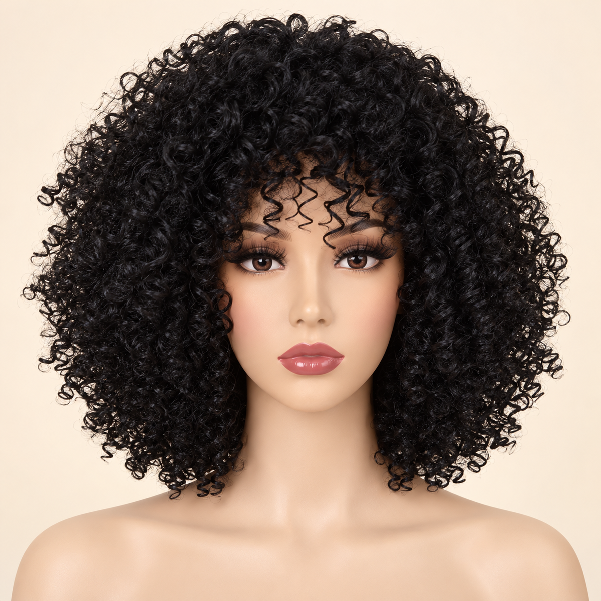 AI-generated product visualization of the short synthetic afro-curly wig in solid natural black (1B) on a mannequin