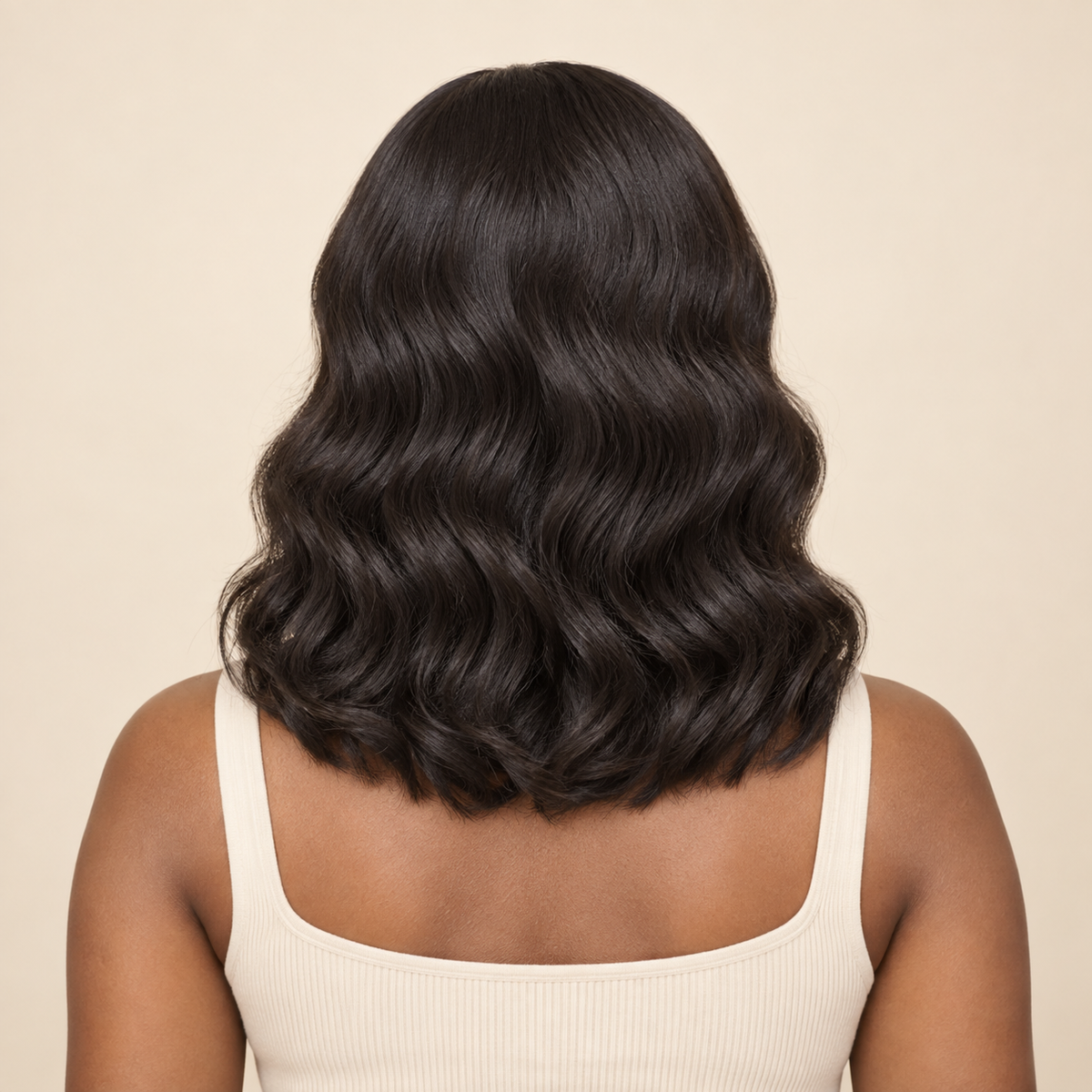 Body Wave lace-closure human-hair wig, natural color, 12 inch, model back view, AI-generated visualization.