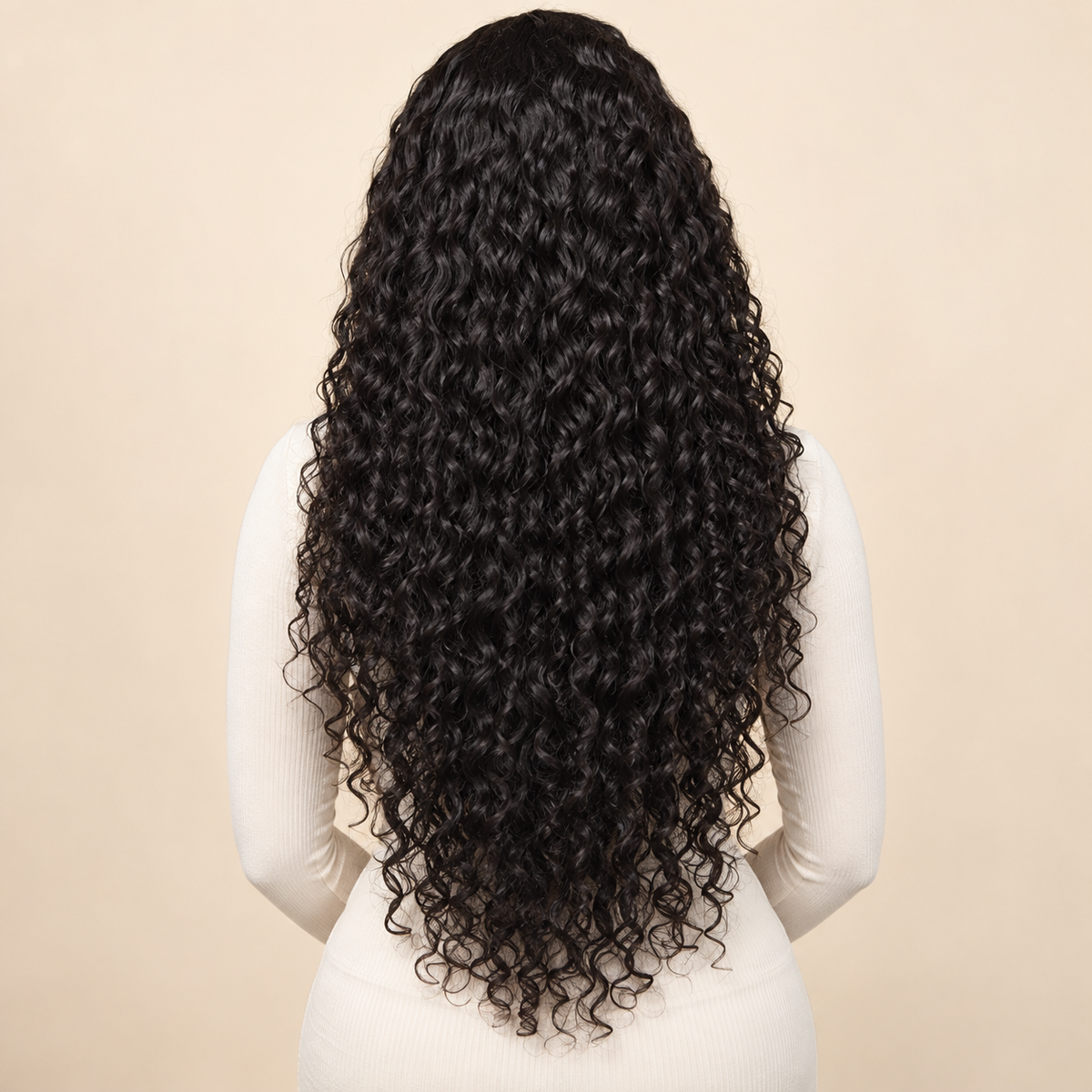Deep Curly Lace Front Human Hair Wig, natural black 13x4, 30 inch model back view, AI-generated visualization