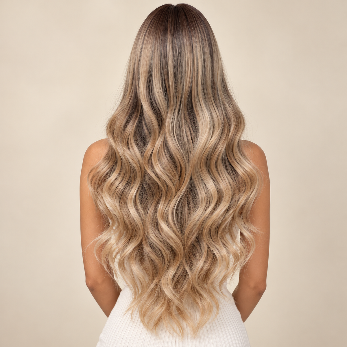 Long Wavy Synthetic Wig with Bangs, Style A taupe and beige-blonde ombre, back view, AI-generated visualization.