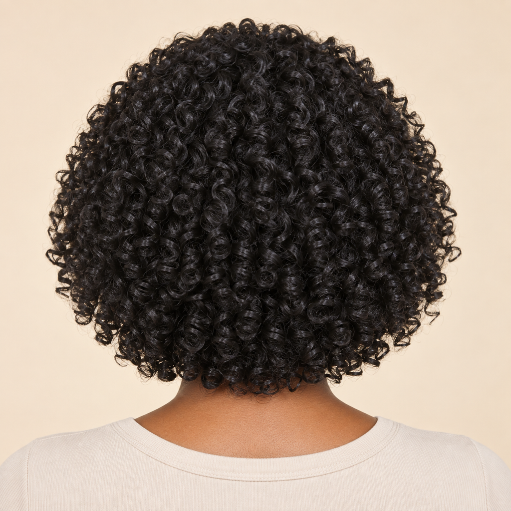 African Small Rolls wig, Black, 10 inch, model back view, AI-generated visualization