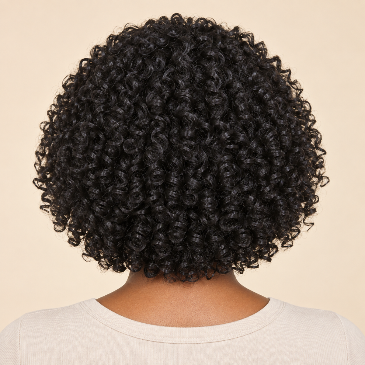 African Small Rolls wig, Black, 10 inch, model back view, AI-generated visualization