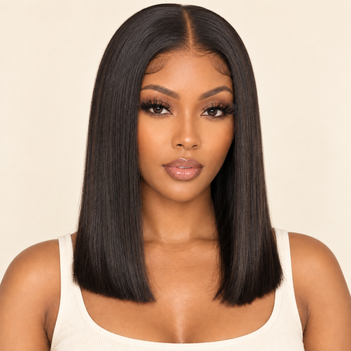 Double Drawn Bone Straight Human Hair Wig – 16-inch natural black – human model hairline detail – AI-generated visualization