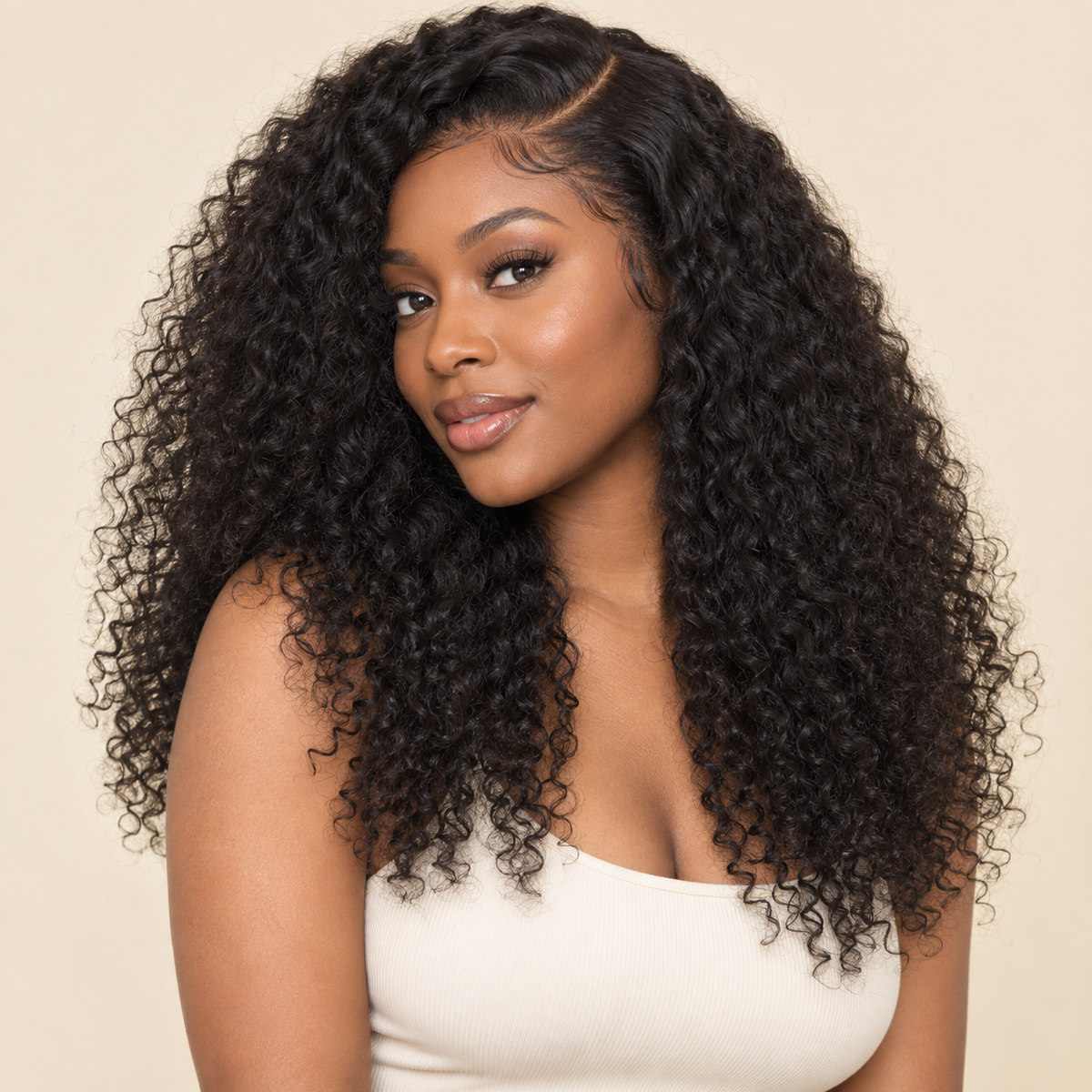 Natural-black jerry curly human-hair lace-front wig, 18-inch view, AI-generated visualization