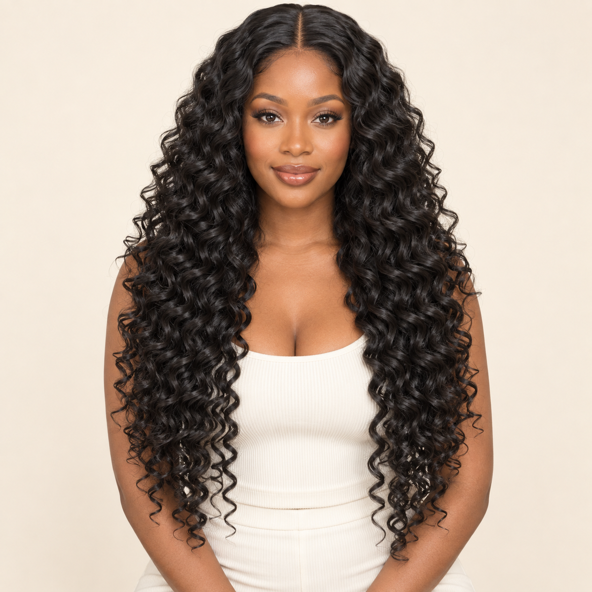 Deep Curly Lace Front Synthetic Wig, black 22 inch length view, AI-generated visualization