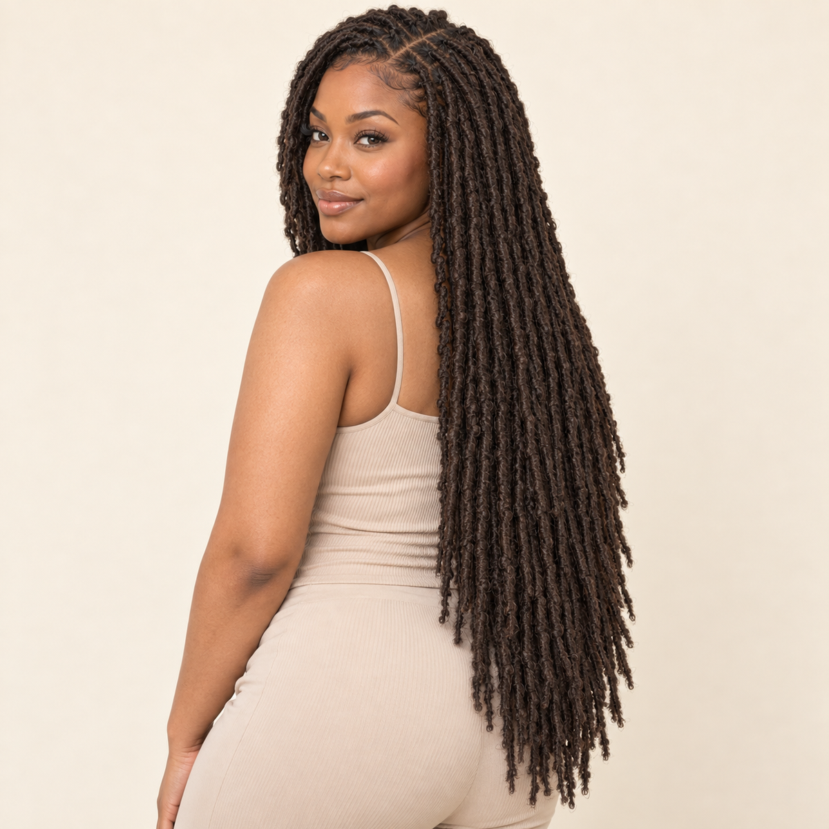 Distressed Nu Faux Locs Crochet Hair – 4 dark brown 36-inch human model – AI-generated visualization