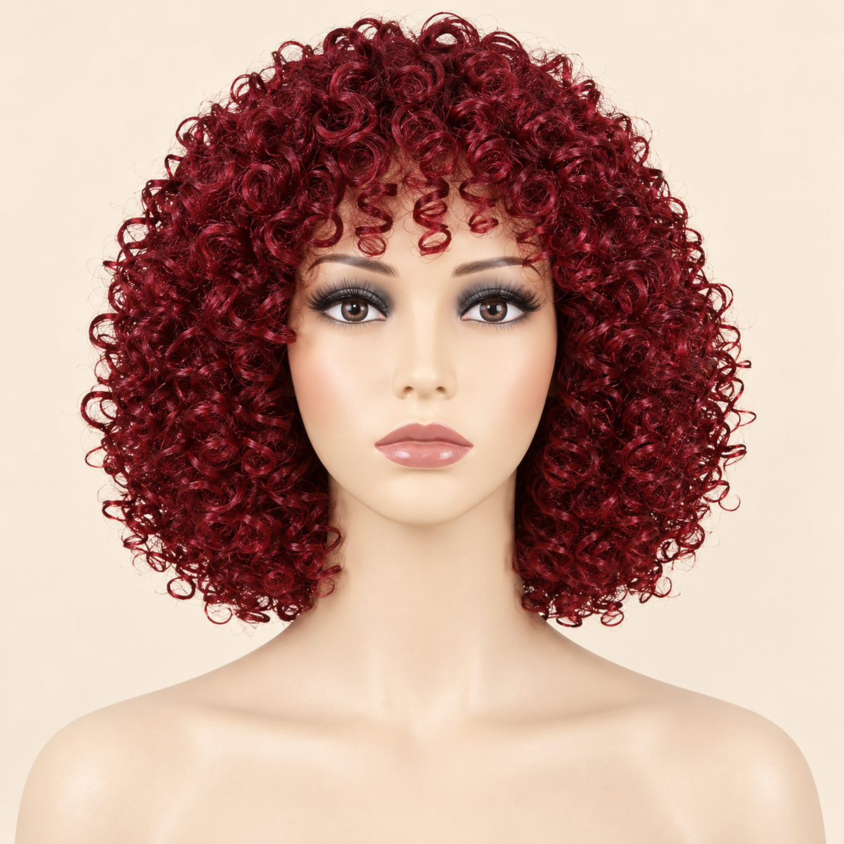 AI-generated product visualization of the short synthetic afro-curly wig in deep burgundy (Bug) on a mannequin