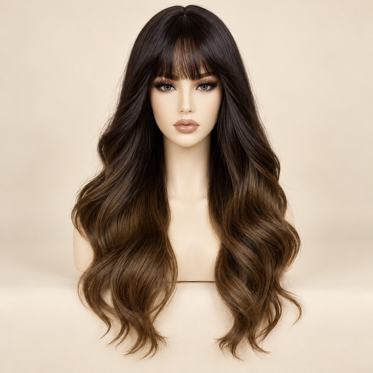 Long Wavy Synthetic Wig with Bangs, Style B dark brunette, AI-generated visualization.