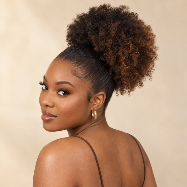 AI-generated visualization of the 1B/30 black-to-auburn Kinky Curly Afro Puff Ponytail Bun installed on an adult model.