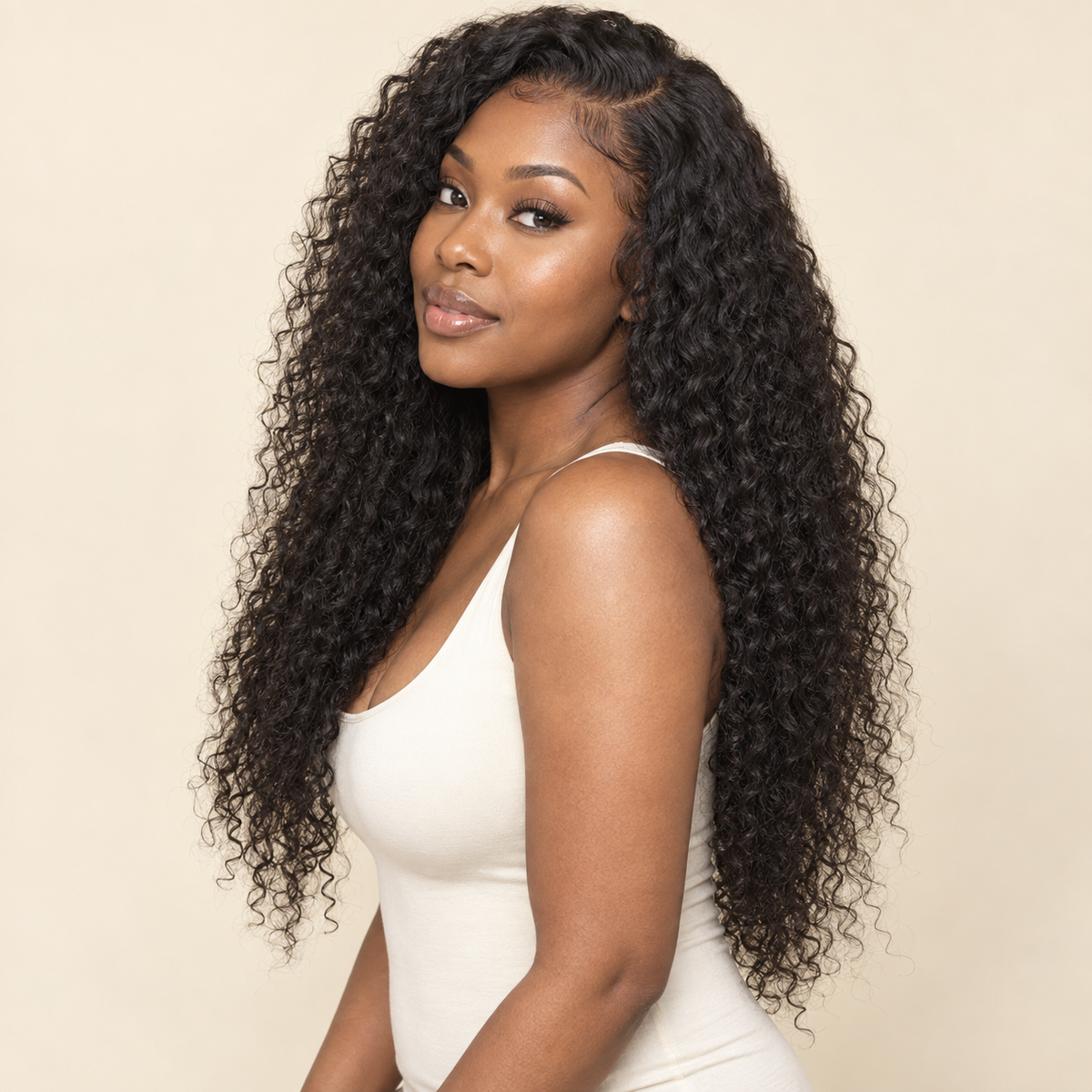 Natural-black jerry curly human-hair lace-front wig, 20-inch view, AI-generated visualization