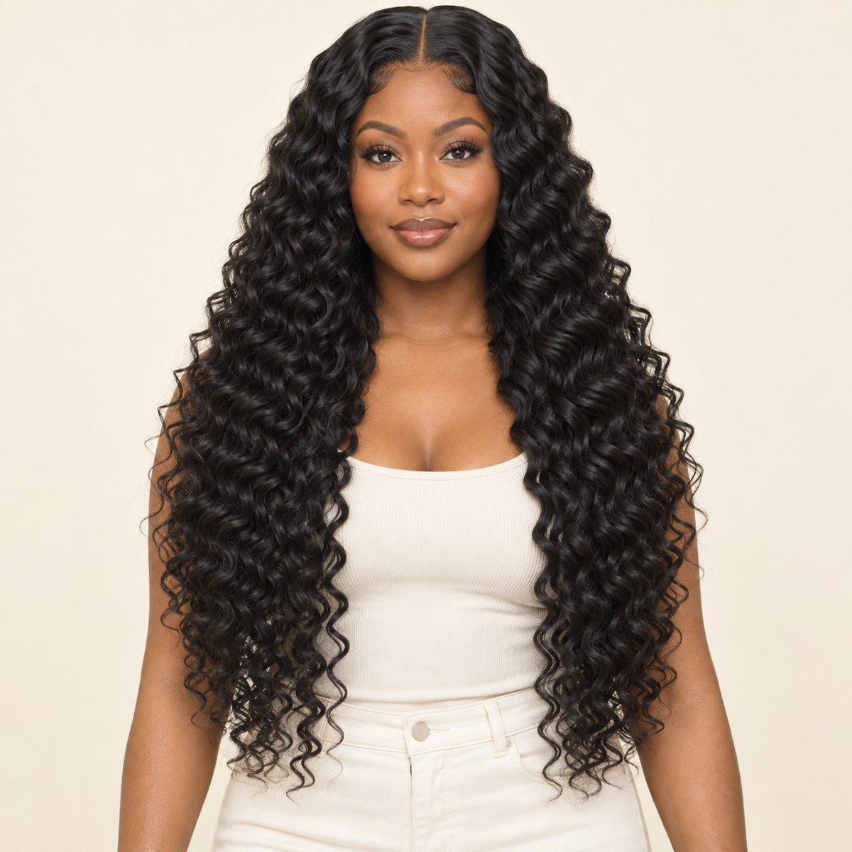 Deep Curly Lace Front Synthetic Wig, black 24 inch length view, AI-generated visualization