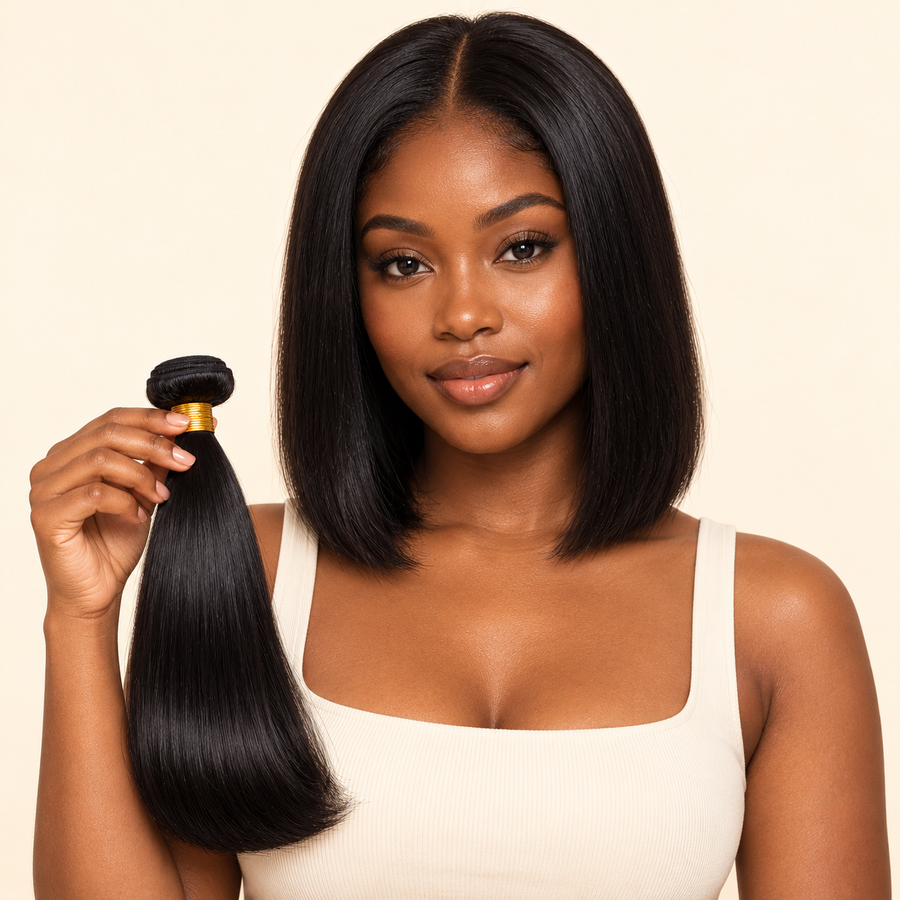AI-generated illustrative front view: dark-skinned Black adult woman modeling natural-black straight 8-inch bundle styling and holding one matching loose weft; single bundle, not a complete wig.