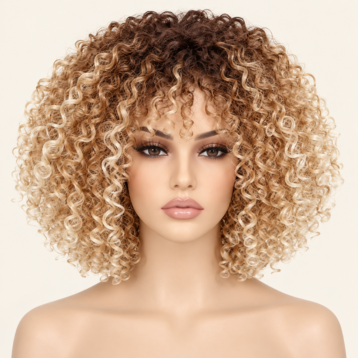 AI-generated product visualization of the short synthetic afro-curly wig in dark-rooted 27/613 honey-to-platinum blonde on a mannequin