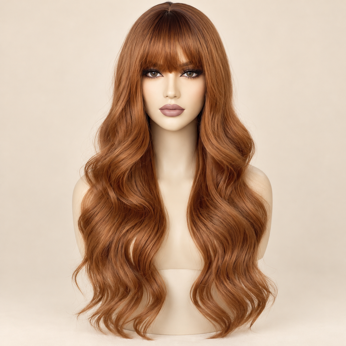 Long Wavy Synthetic Wig with Bangs, Style C copper auburn, AI-generated visualization.