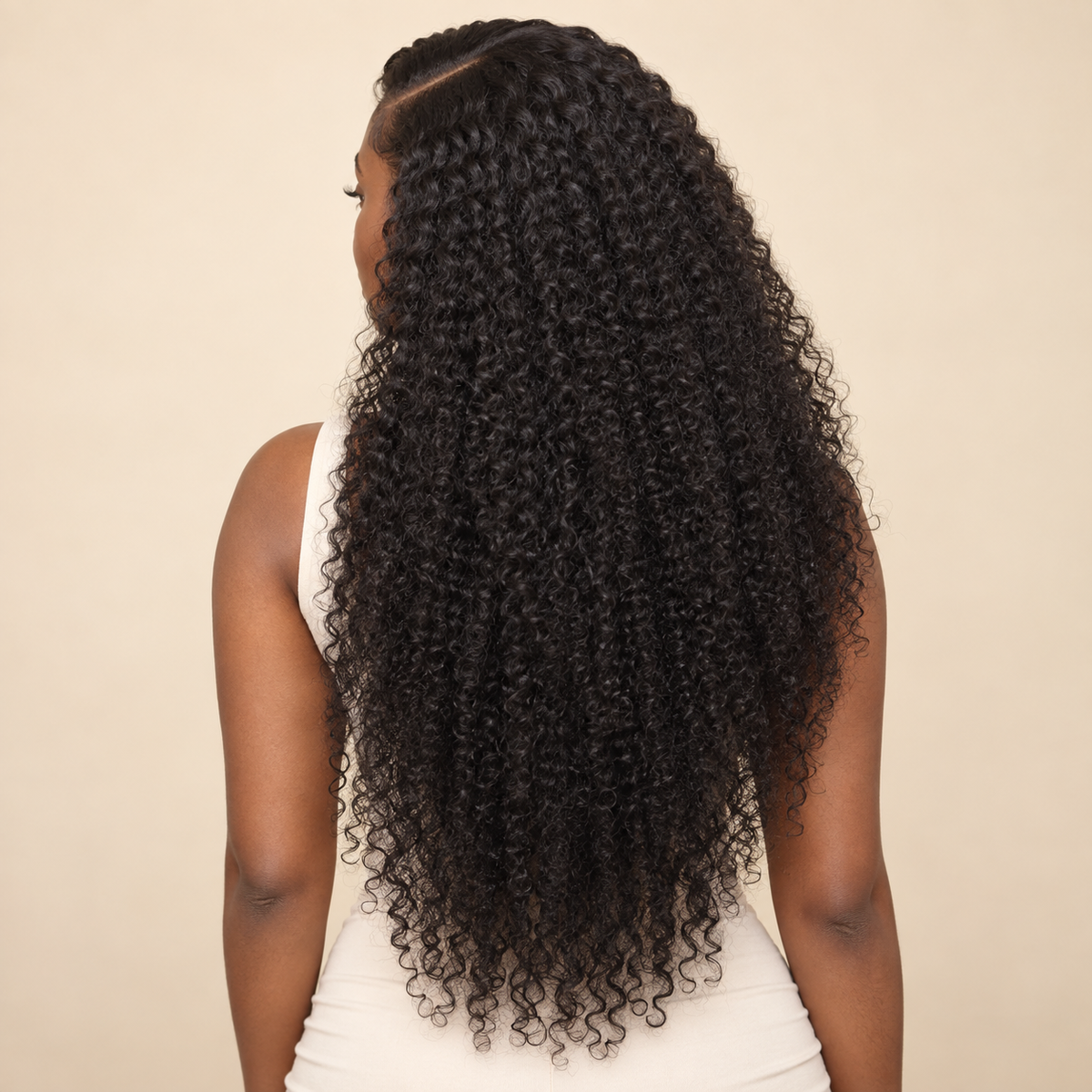 Natural-black jerry curly human-hair lace-front wig, 22-inch view, AI-generated visualization