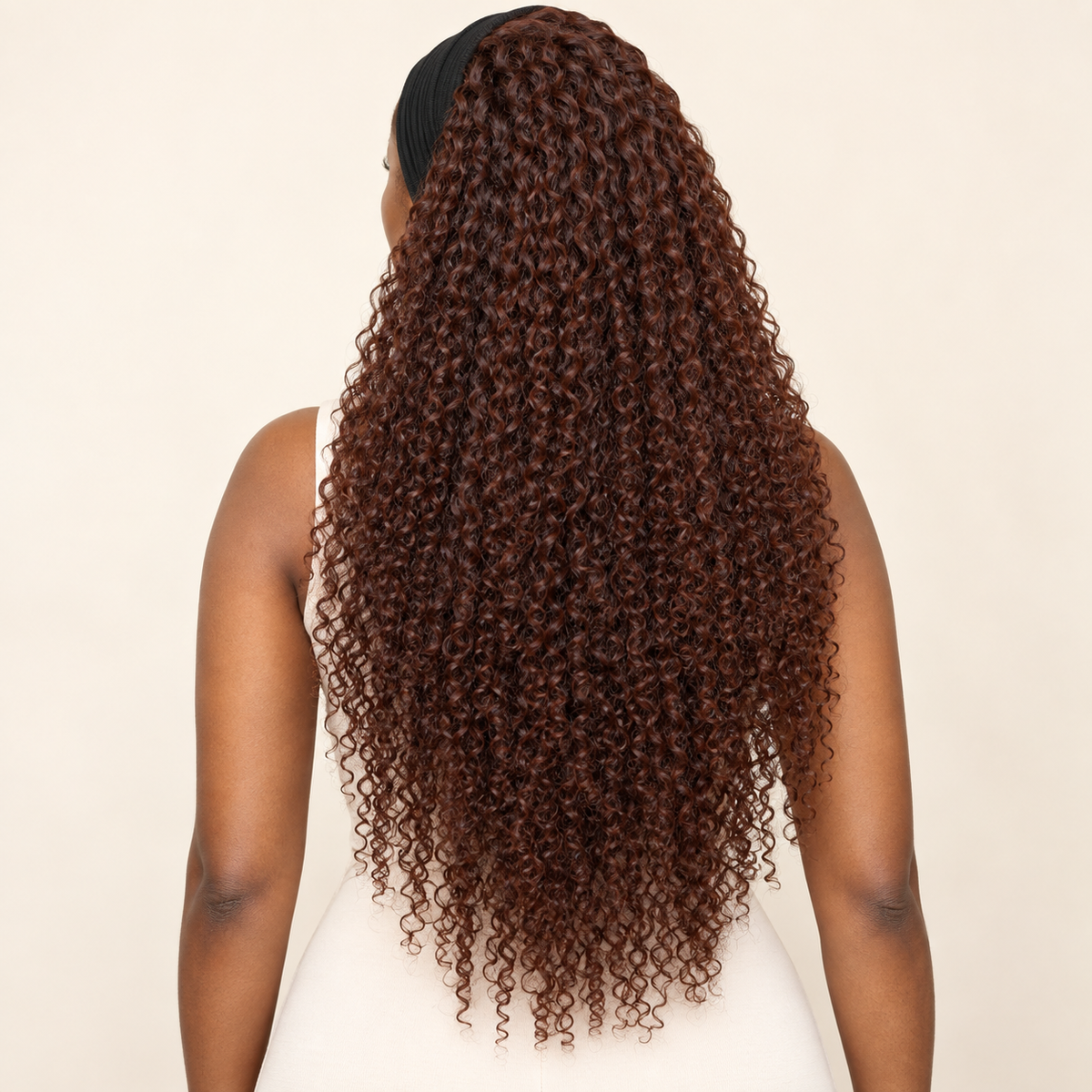 Jerry curly human-hair headband wig, 22-inch back view, AI-generated visualization