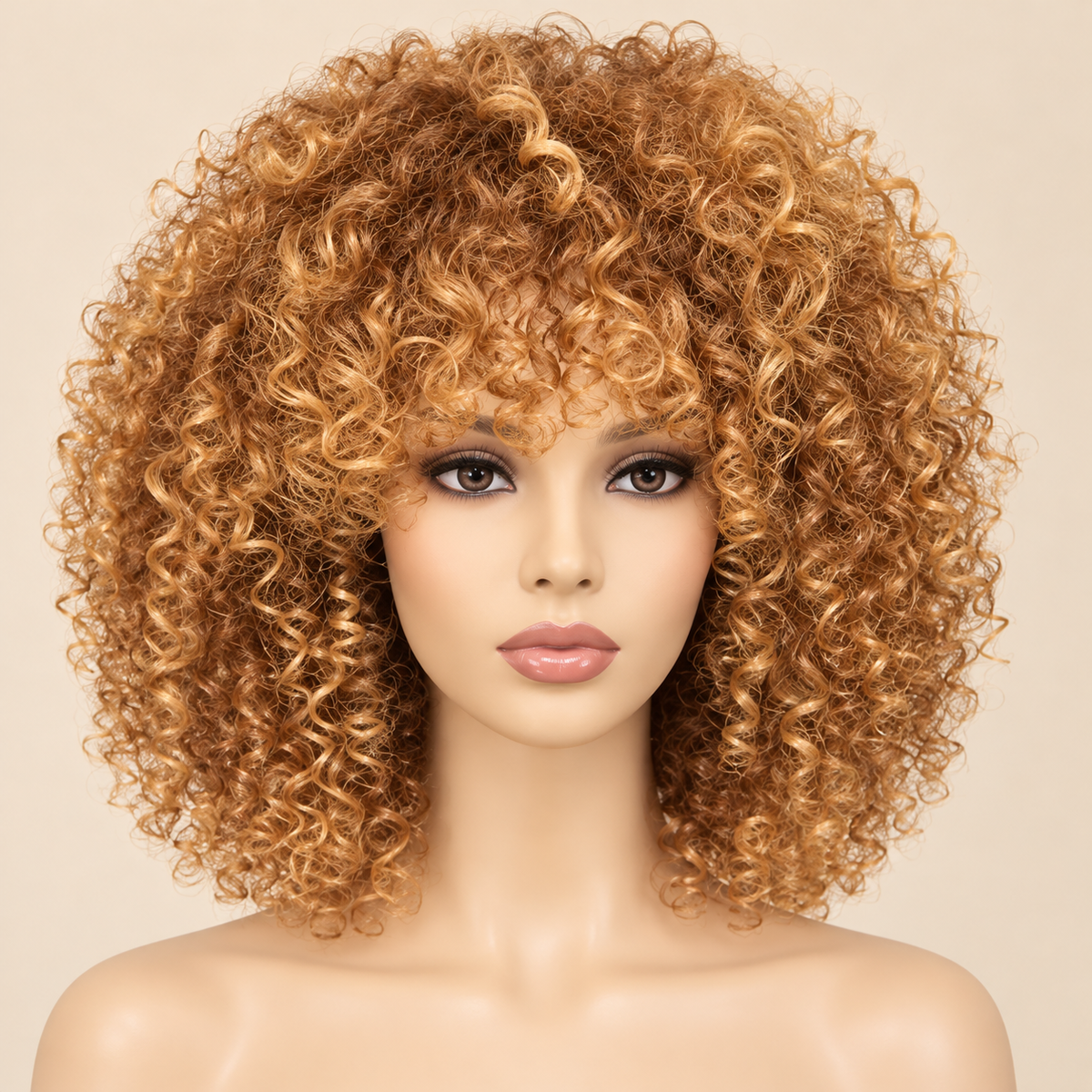AI-generated product visualization of the short synthetic afro-curly wig in warm honey/caramel blonde on a mannequin
