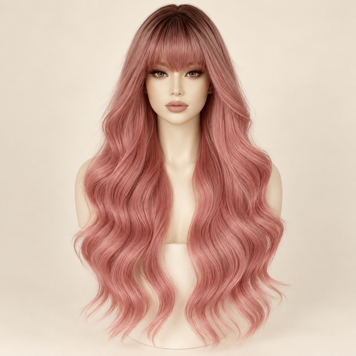Long Wavy Synthetic Wig with Bangs, Style D rose pink, AI-generated visualization.