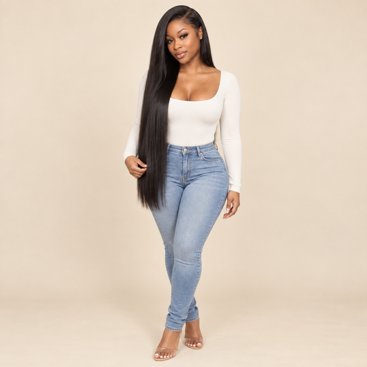 Glueless Straight Human Hair Wig – natural black, 150% density, 26 inch, AI-generated visualization