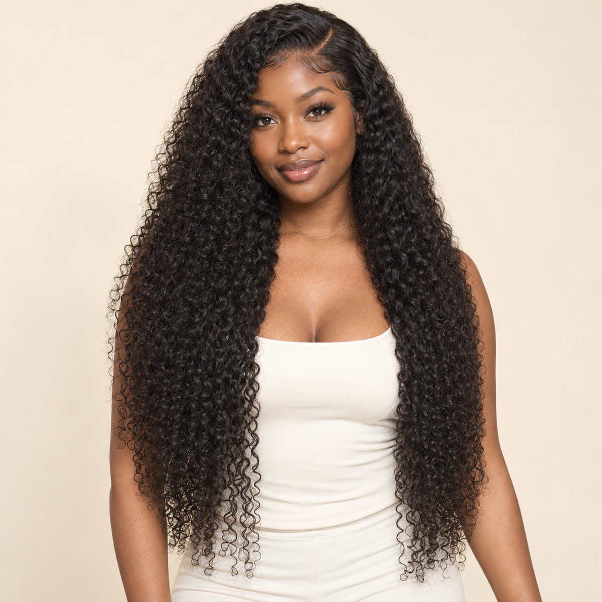 Natural-black jerry curly human-hair lace-front wig, 24-inch view, AI-generated visualization
