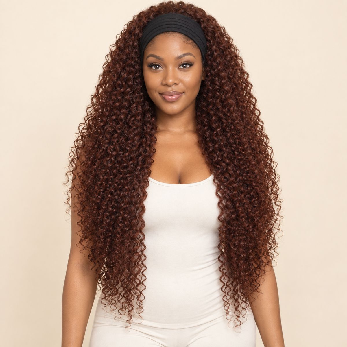 Jerry curly human-hair headband wig, 24-inch front view, AI-generated visualization